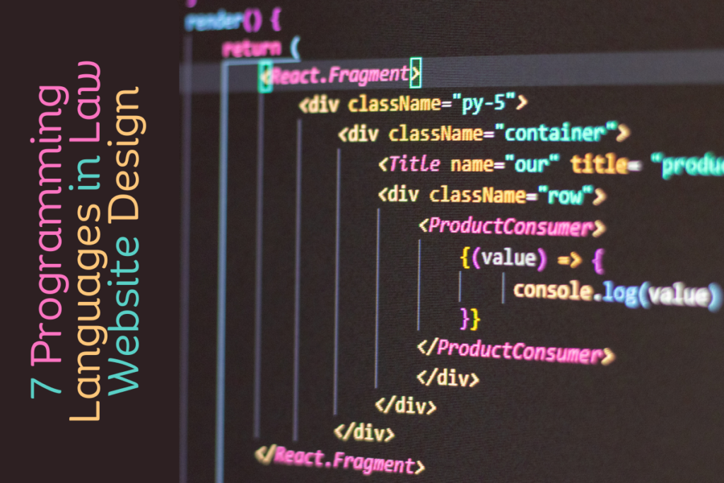 There is a close-up of website programming to the right. Beside it is the article title, "7 Programming Languages in Law Website Design."