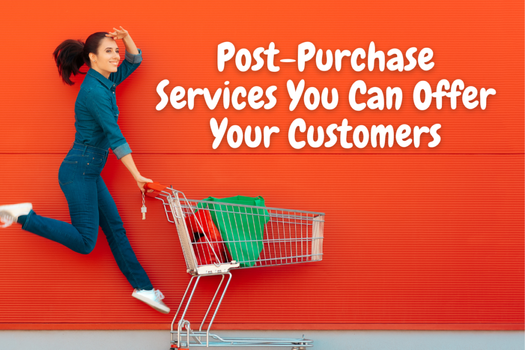 There is a woman jumping up while pushing a shopping cart. She is against a brick wall. The title of the article, "Post-Purchase Services You Can Offer Your Customers," is on the wall beside her.